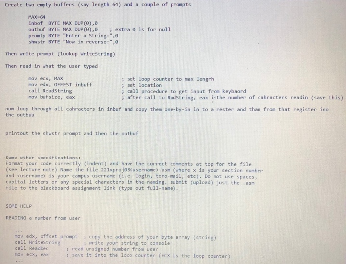 Solved Assembly Language: I need help creating this code in | Chegg.com
