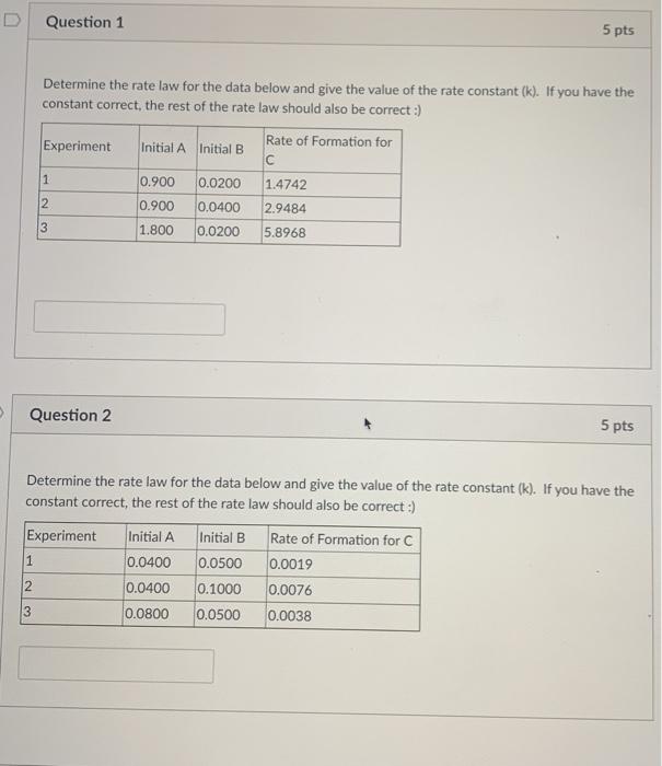Solved Question 1 5 pts Determine the rate law for the data | Chegg.com