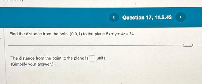 Solved Find the distance from the point (0,0,1) to the plane | Chegg.com
