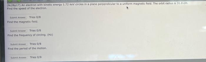 Solved (8c28p17) An electron with kinetic energy 1.72keV | Chegg.com
