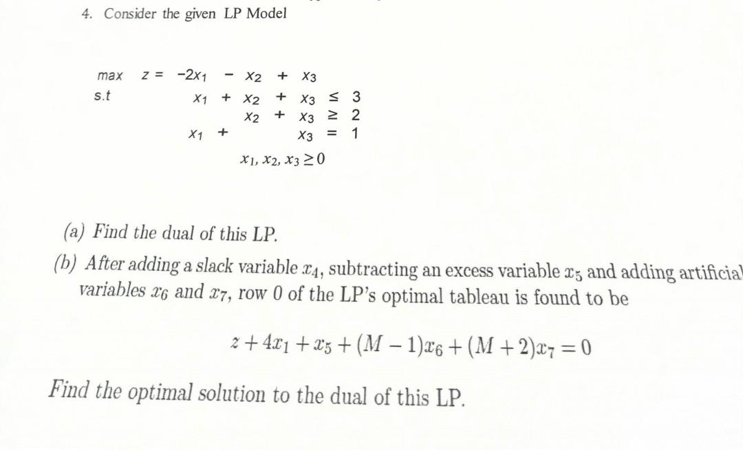 Solved 4. Consider The Given LP Model Maxz=−2x1−x2+x3 S.t | Chegg.com