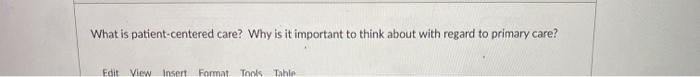 What is patient-centered care? Why is it important to think about with regard to primary care? Edit View Insert Format Tools