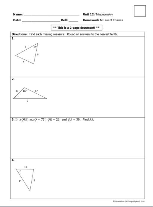 unit 12 trigonometry homework 2 finding side and angle measures