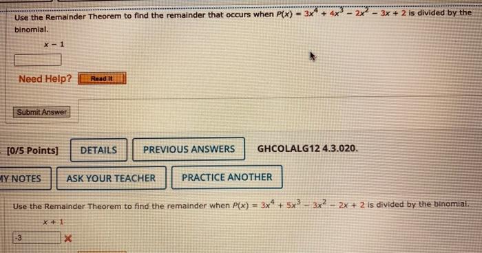 3x2 5 x 3 8 x 4 remainder theorem