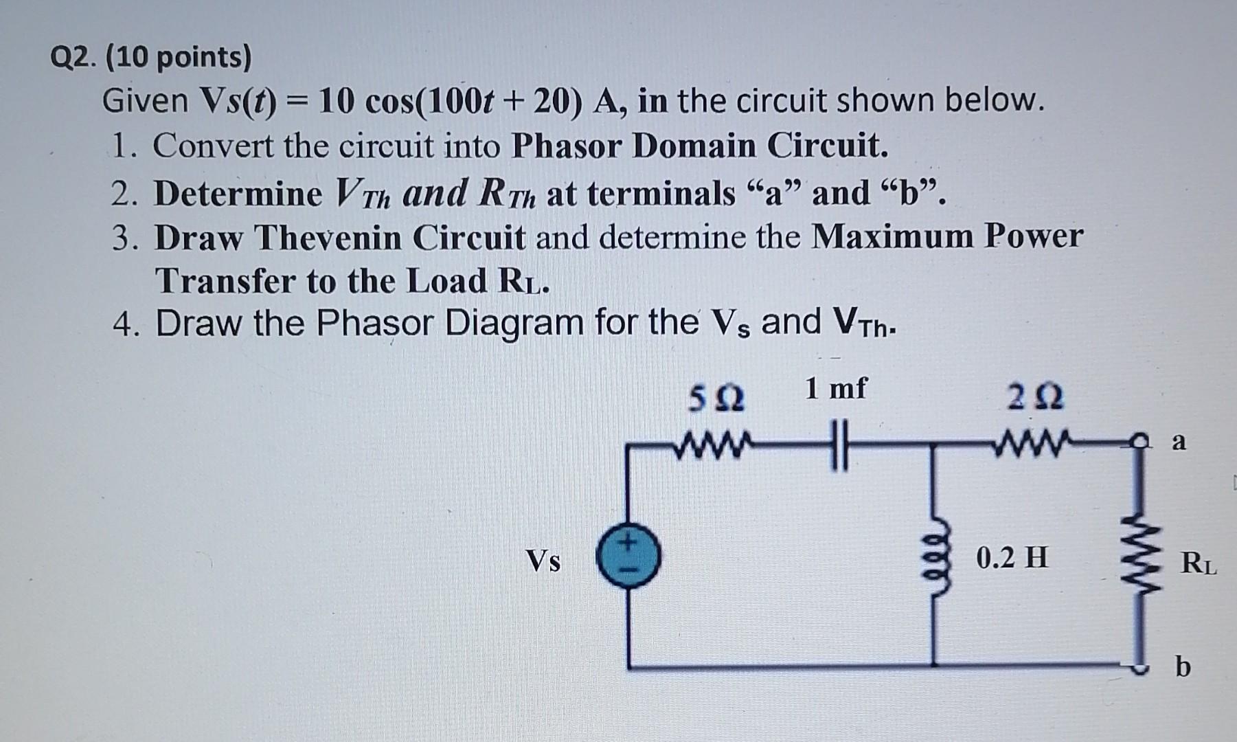 Solved Q2. (10 Points) Given Vs(t) = 10 Cos(100t+20) A, In 