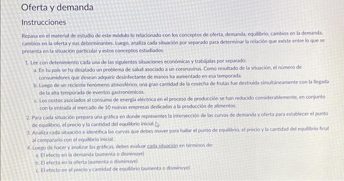 Instrucciones Repasa en el material de estudio de este módulo lo relacionado con los conceptos de oferta, demanda, equilibrio