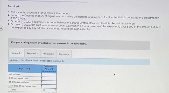 Solved Required: 1. Calculate the allowance for | Chegg.com