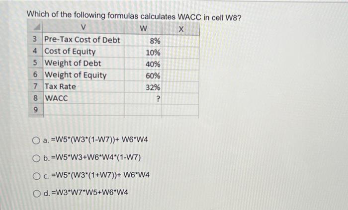 Solved Which Of The Following Formulas Calculates Wacc In Chegg Com