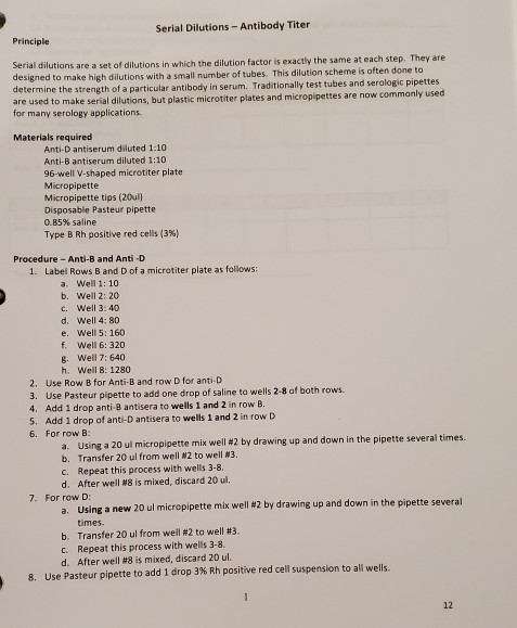 Solved Serial Dilutions Antibody Titer Principle Serial