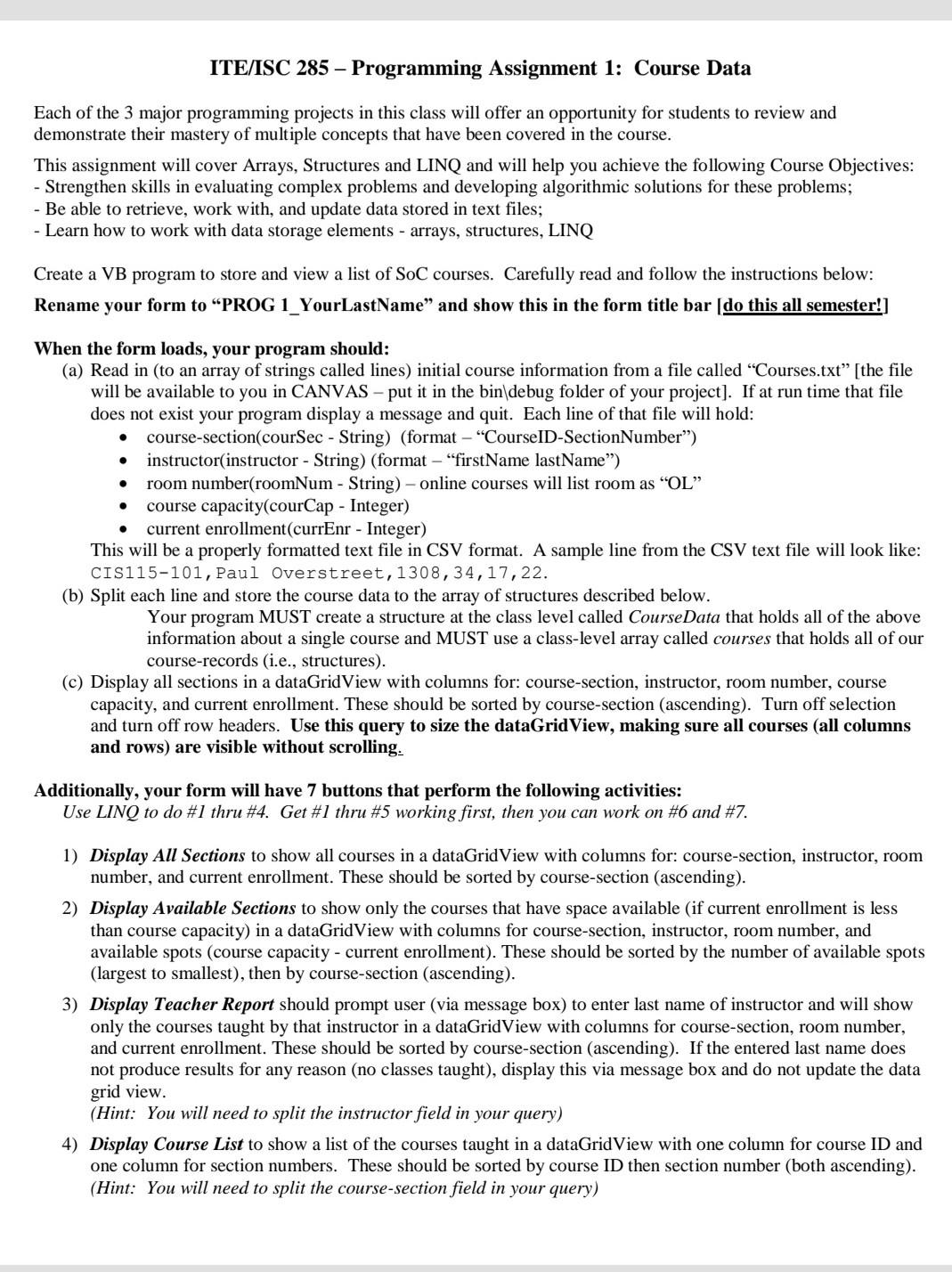 ITE/ISC 285 - Programming Assignment 1: Course Data | Chegg.com