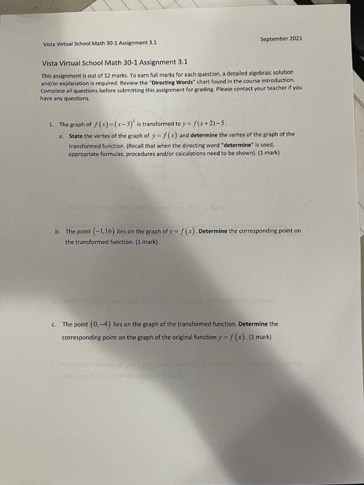 Solved Vista Virtual School Math 30-1 Assignment 3.1 | Chegg.com