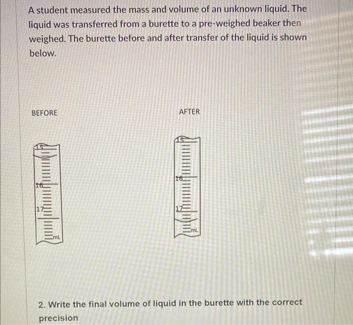 A student measured the mass and volume of an unknown liquid. The
liquid was transferred from a burette to a pre-weighed beake