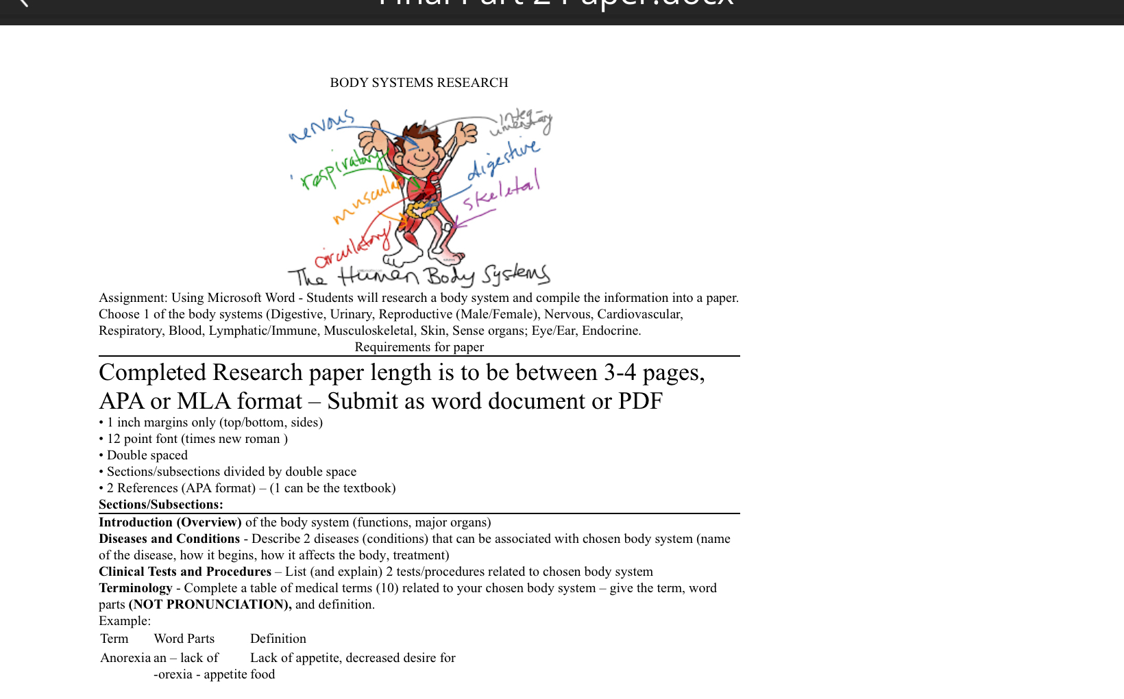 Solved BODY SYSTEMS RESEARCHAssignment: Using Microsoft Word | Chegg.com