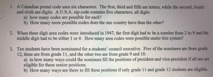 Solved 1. A Canadian postal code uses six characters. The | Chegg.com