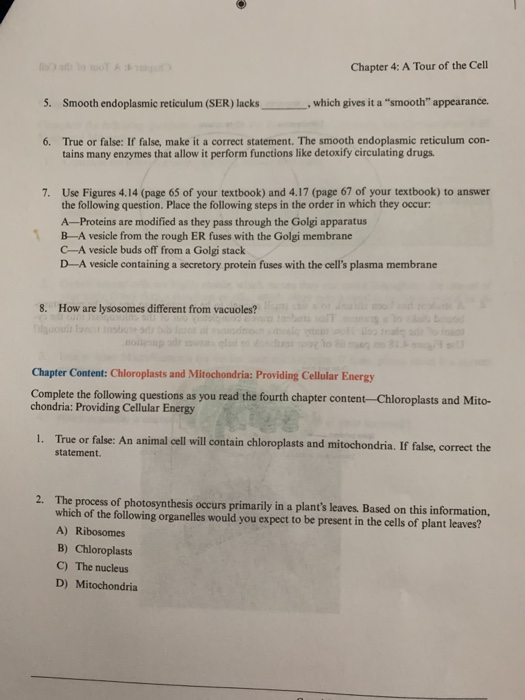 Chapter 4 A Tour Of The Cell 5 Smooth Endoplasmic Chegg Com