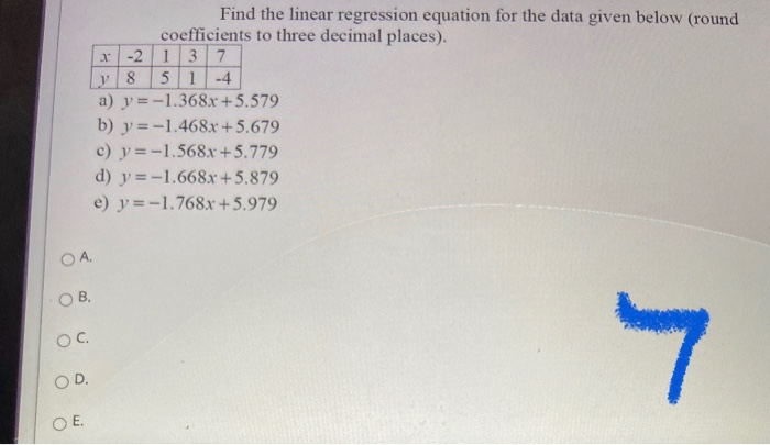 Solved Find the linear regression equation for the data | Chegg.com