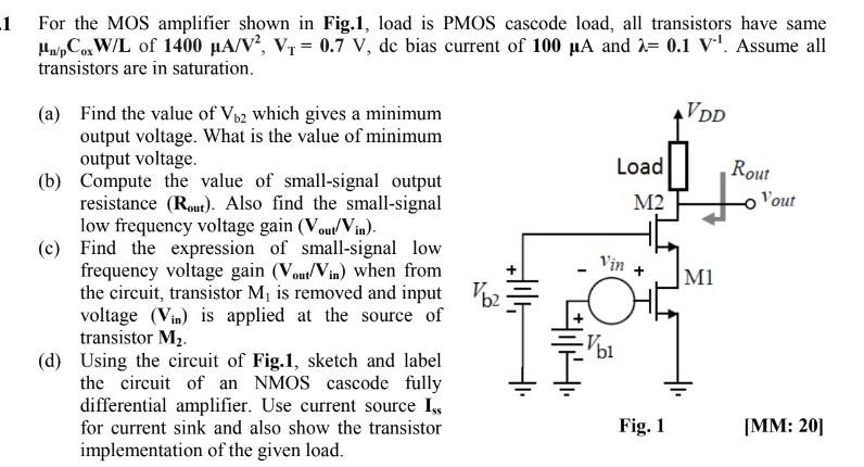 For the MOS amplifier shown in Fig.1, load is PMOS | Chegg.com