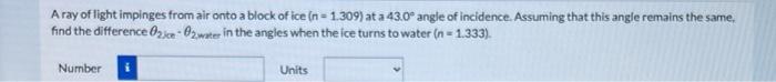 Solved A ray of light impinges from air onto a block of ice | Chegg.com