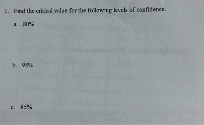 Solved 1. Find the critical value for the following levels | Chegg.com