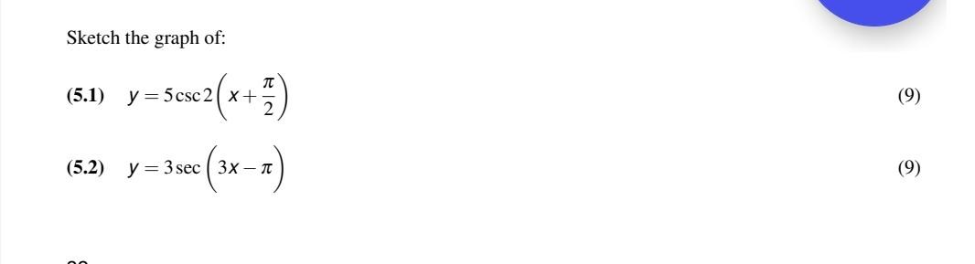 Sketch the graph of: (5.1) \( y=5 \csc 2\left(x+\frac{\pi}{2}\right) \) (5.2) \( y=3 \sec (3 x-\pi) \)