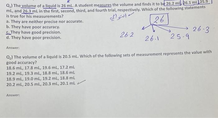 Solved Q1 ) The volume of a liquid is 26 mL. A student | Chegg.com