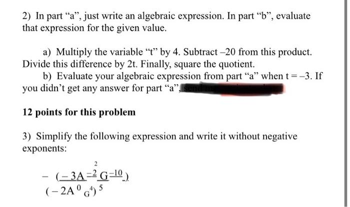 Solved 2) In part “a”, just write an algebraic expression. | Chegg.com
