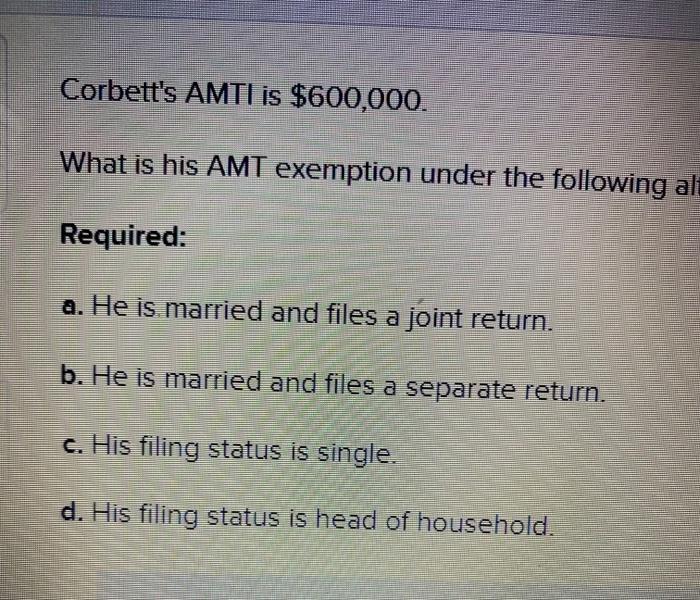 Solved ЕХНПВГТ 852022 AMT ExemptionsCorbett's AMTI is