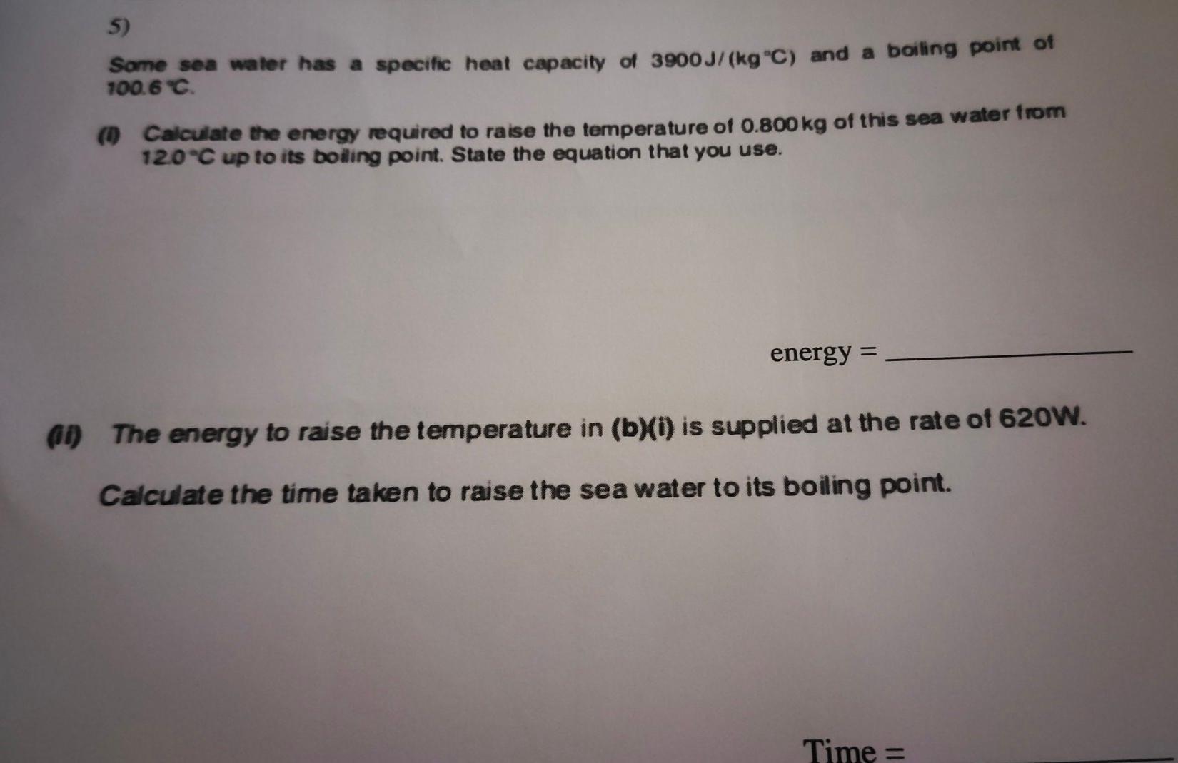Solved 5) Some sea water has a specific heat capacity of | Chegg.com
