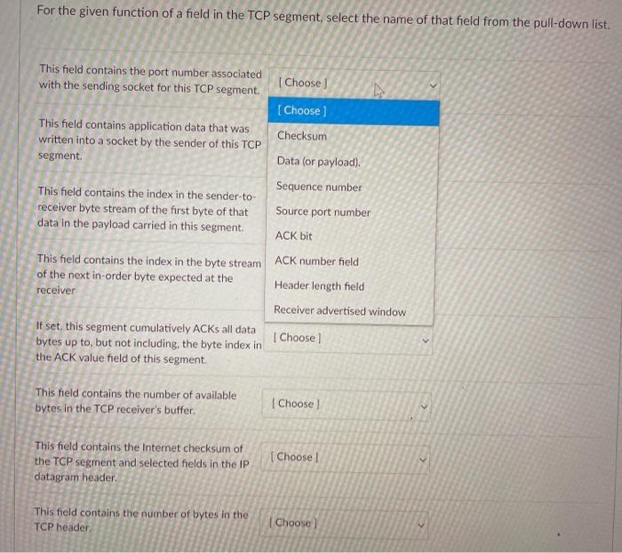 For the given function of a field in the TCP segment,