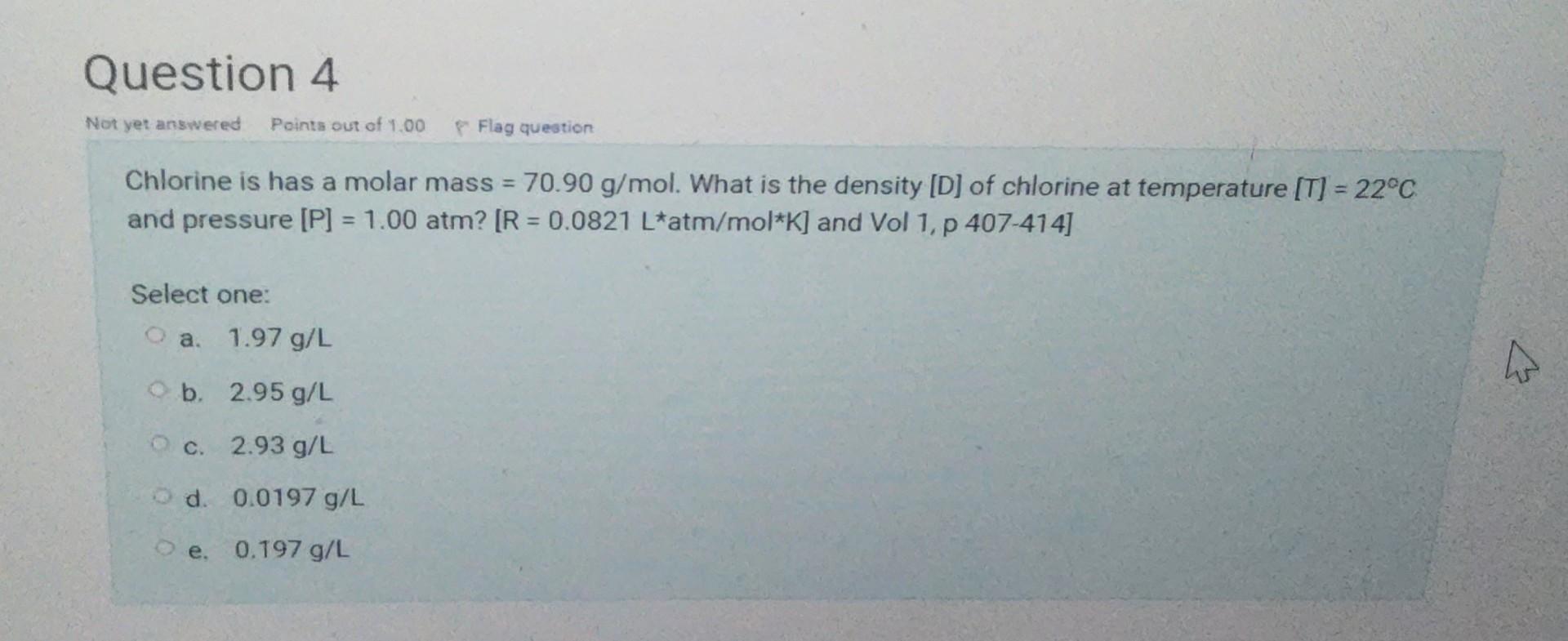 Solved Chlorine is has a molar mass =70.90 g/mol. What is