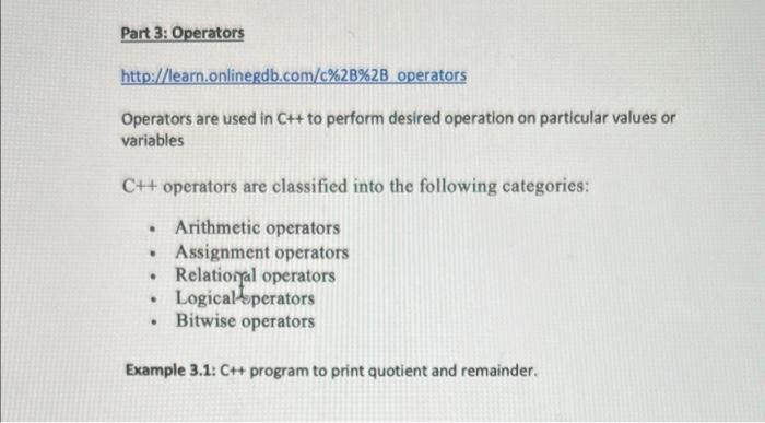 Solved Part 3: Operators http://learn.onlinegdb.com/c%2B%2B | Chegg.com
