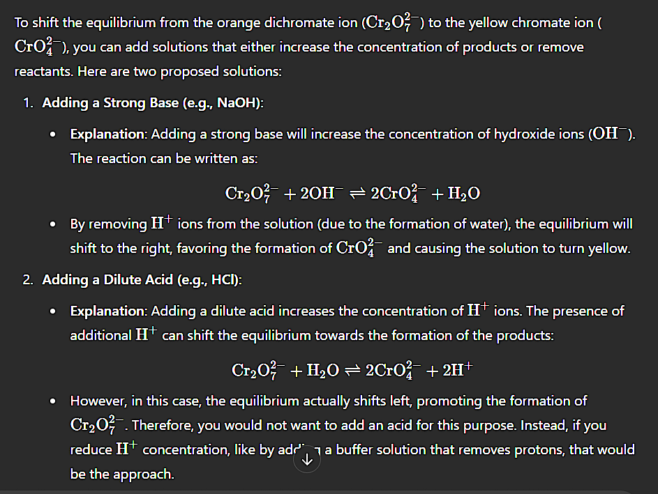 Solved To ﻿shift the equilibrium from the orange dichromate | Chegg.com
