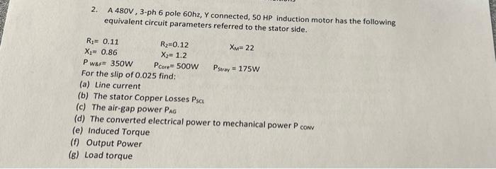 Solved 2. A 480 V,3−ph6 pole 6Ohz,Y connected, 50HP | Chegg.com