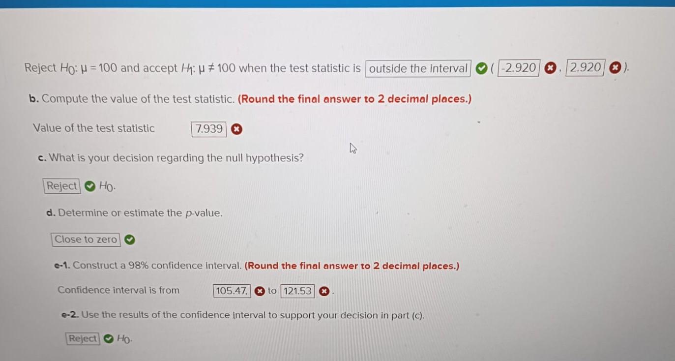 Solved Reject H0:μ=100 and accept H1:μ =100 when the test | Chegg.com