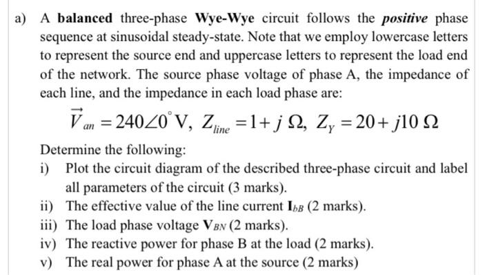 a) A balanced three-phase Wye-Wye circuit follows the positive phase sequence at sinusoidal steady-state. Note that we employ