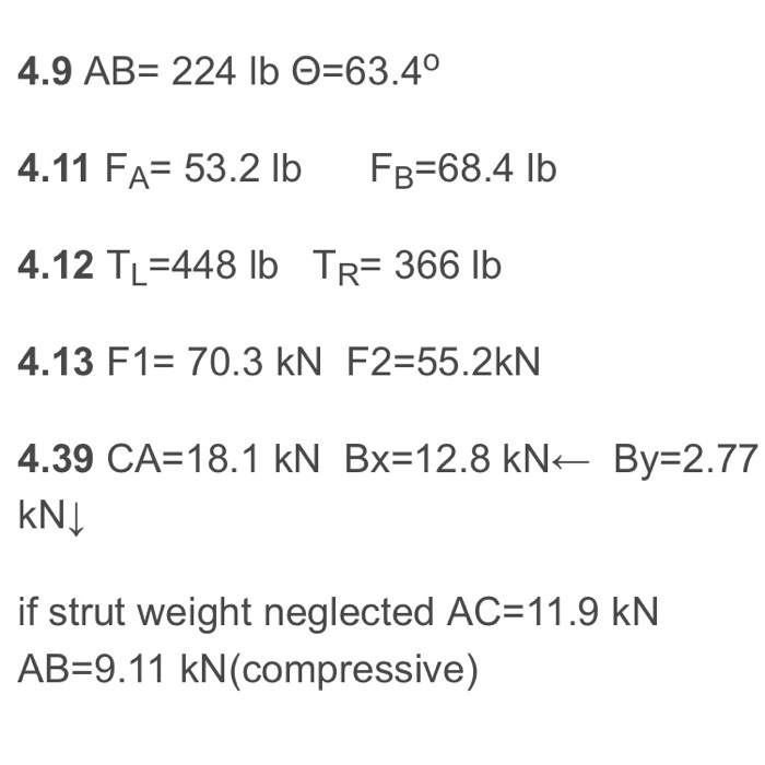 4.9 AB= 224 lb ©=63.4° 4.11 Fa= 53.2 lb FB=68.4 lb | Chegg.com