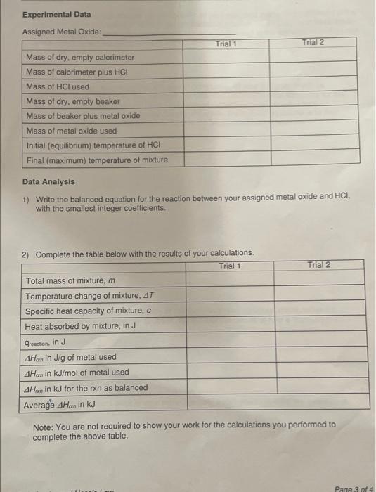 Solved Lab Report Calorimetry and Hess's Law Metal + HCI