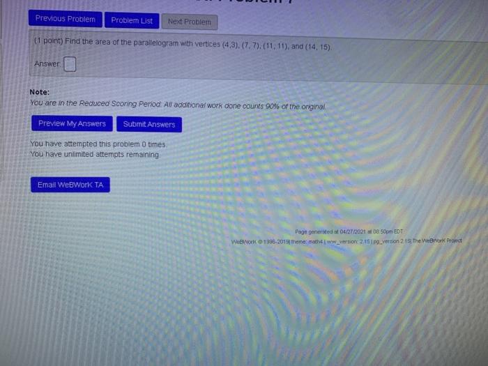 Solved Previous Problem Problem List Next Problem (1 point) | Chegg.com