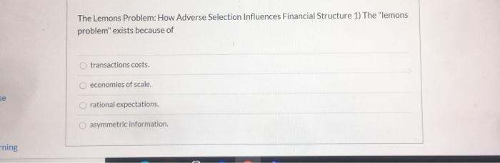Solved The Lemons Problem: How Adverse Selection Influences | Chegg.com