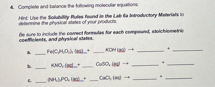 Solved 4. Complete And Balance The Following Molecular | Chegg.com