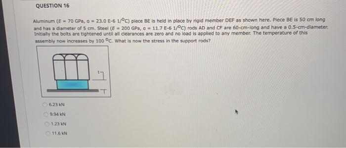 Solved QUESTION 16 Aluminum (E - 70 GPa, 0 - 23.0 E-6 1/°C) | Chegg.com