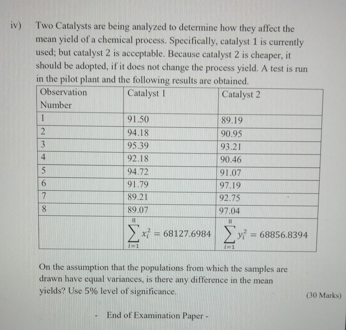 Solved iv) Two Catalysts are being analyzed to determine how