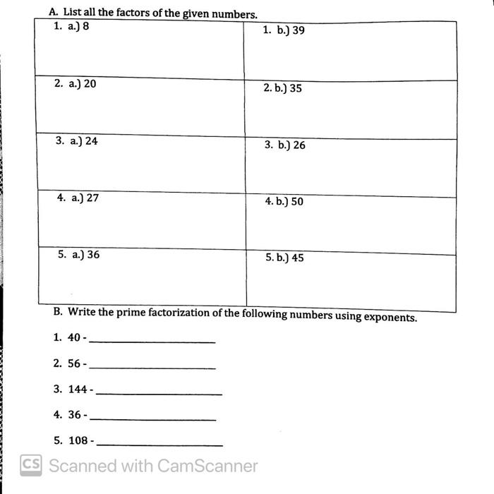 Solved A List All The Factors Of The Given Numbers 1 A Chegg Com