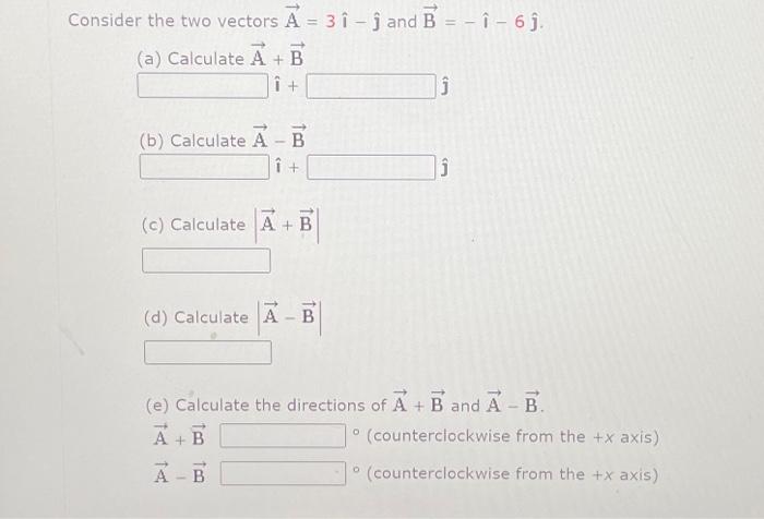 Solved Consider The Two Vectors A = 3 1 - ĵ And B = - î - 6 | Chegg.com