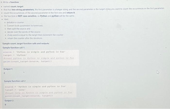 Solved A. Write a function named count target that has two | Chegg.com