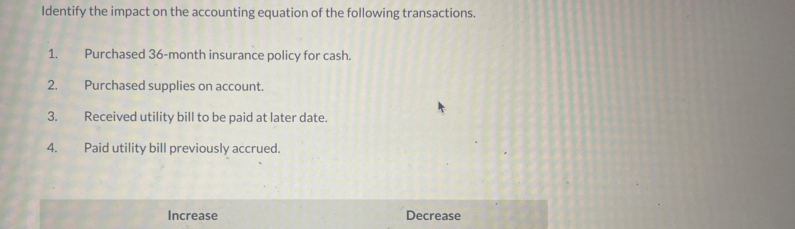 Solved Identify the impact on the accounting equation of the | Chegg.com