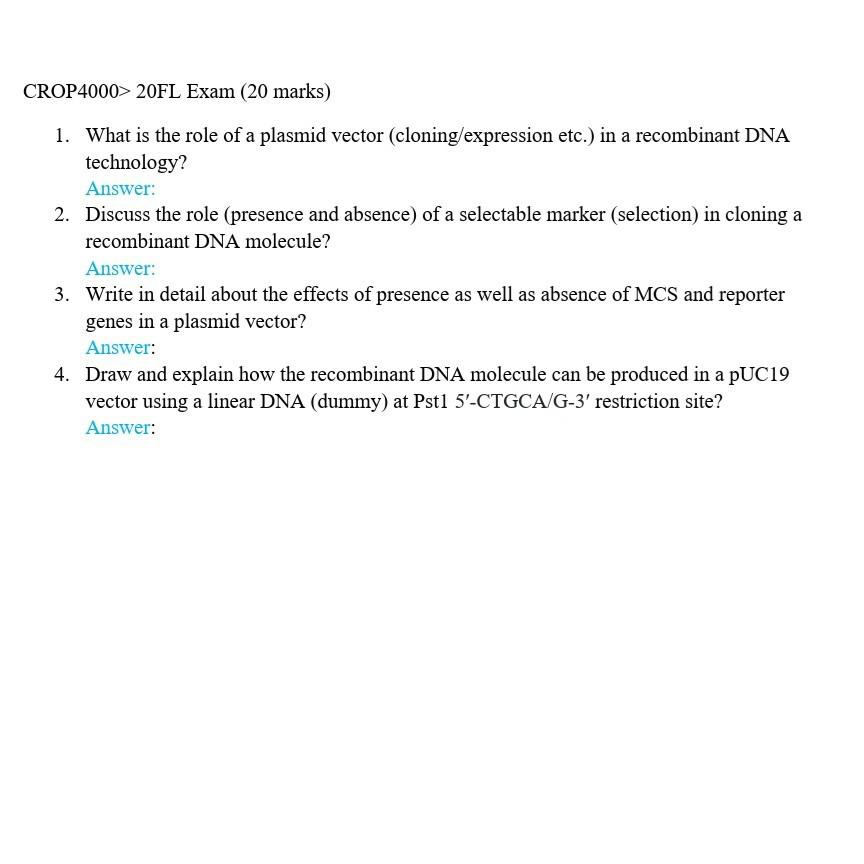 Solved: 1. What Is The Role Of A Plasmid Vector (cloning/e... | Chegg.com