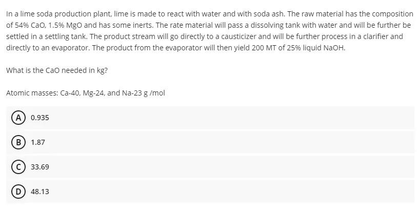 Solved In a lime soda production plant, lime is made to | Chegg.com