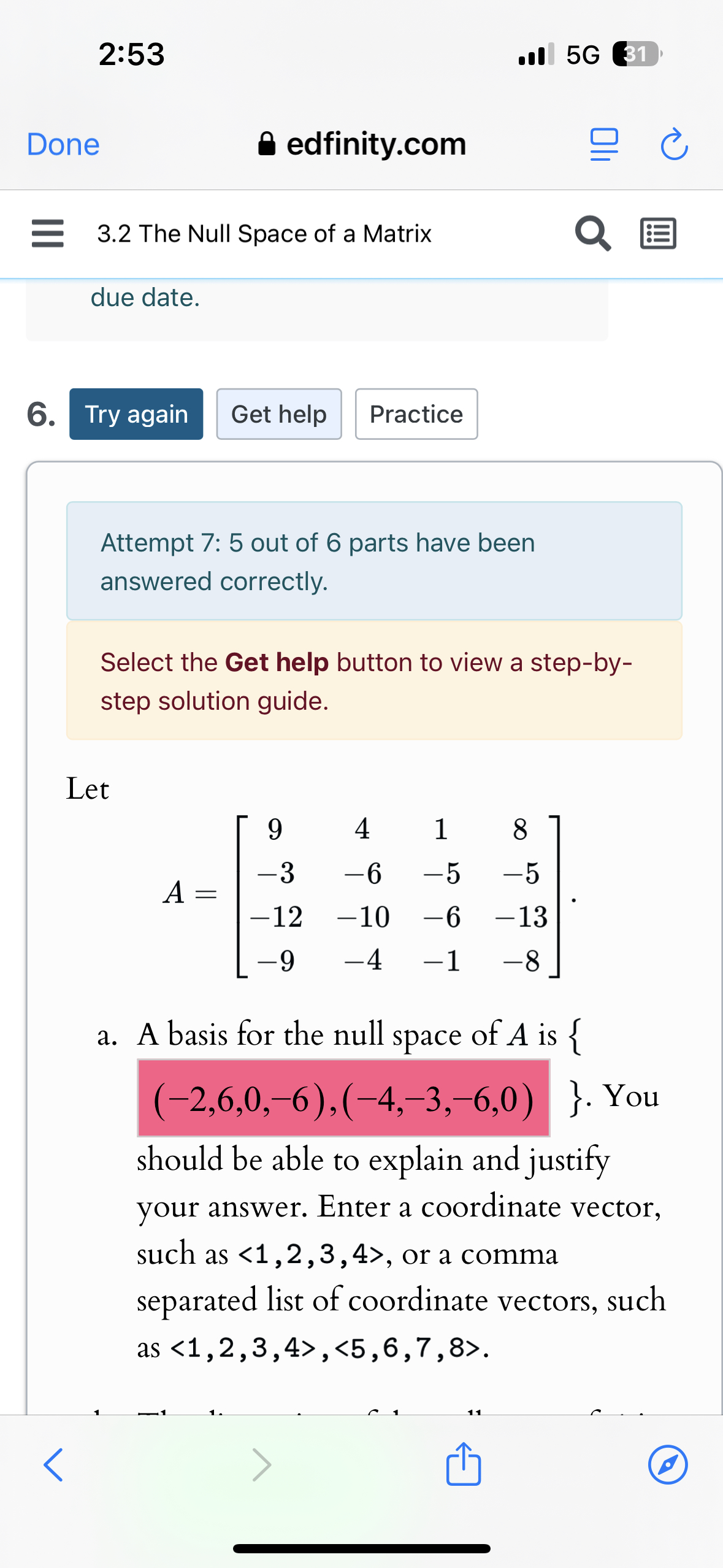 Solved 2:535GDoneedfinity.com3.2 ﻿The Null Space of a | Chegg.com
