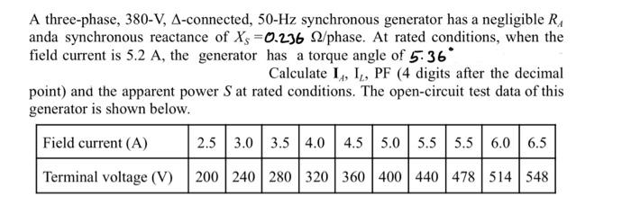 Solved A three-phase, 380-V, A-connected, 50 Hz synchronous | Chegg.com